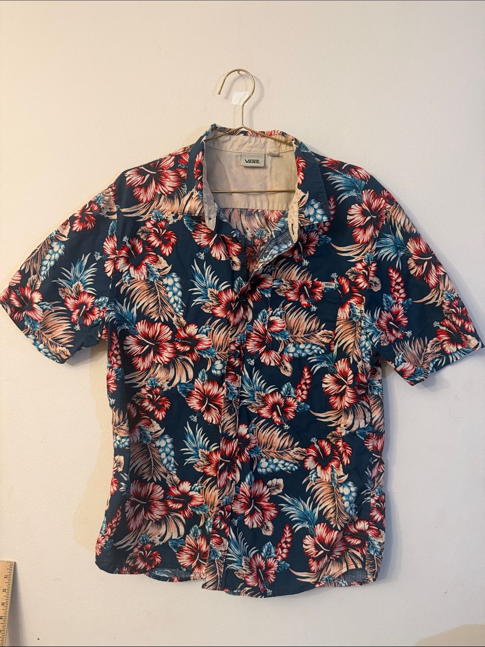 Vans Navy Short-Sleeve Floral Button-Up with Red Hibiscus